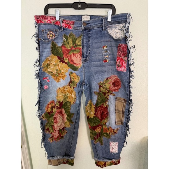 Angels Forever Young Denim - Angels Forever Young Custom Boho Floral Patchwork Jeans Upcycle Distressed